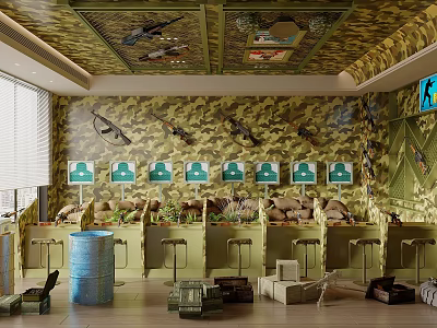 Weapons Display with Camouflage Background Ceiling Green Signs Tables Stools Ammunition Boxes 3d model