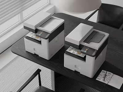 Two Modern Multifunction Office Printers On Black Desk In Workspace 3d model Two Modern Multifunction Office Printers On Black Desk In Workspace 3d model