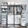Laundry Room Organization With Washing Machines Hanging Clothes And Storage Shelves