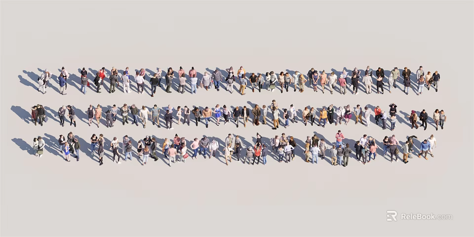 Diverse Group of People With Various Poses and Different Outfits Standing in Rows 3d model 