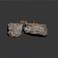 Rustic Rock Formation With Wooden Planks Platform And Metal Cans