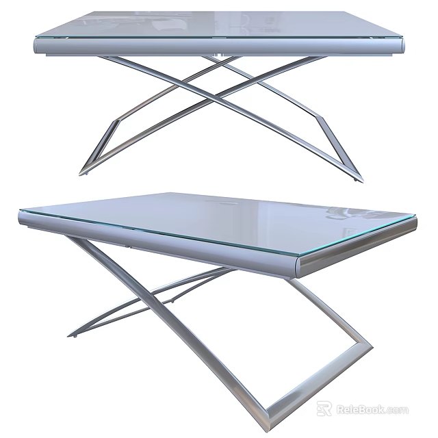 Modern Glass Top Table With Sleek Metal Cross Frame Sturdy Structure And Contemporary Design 3d model 