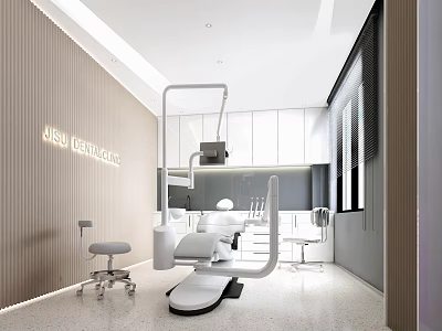 Modern Dental Clinic Interior With White Dental Chair And Medical Equipment 3d model