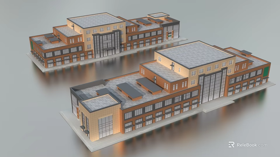 Modern Commercial Complex With Multi Storey Design Glass Windows And Brick Exterior 3d model 