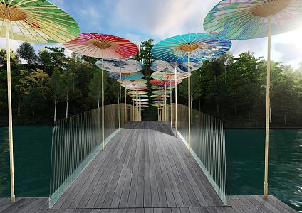 Modern Bridge Oil Paper Umbrella Sunshade Bridge Arch Bridge Glass Fence Net Red Punching Place Tourist Scenic Area Plank Road 3d model