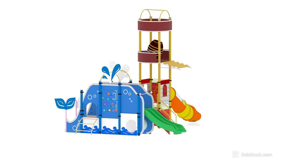 Colorful Whale Shaped Playground Equipment with Slide and Climbing Tower for Kids 3d model 