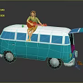 Young Girl Playing Guitar On Colorful Blue And White Vintage Van With Open Door