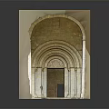 Arched Entrance Gate with Stone Walls Stone Columns Wooden Door and Slab Floor