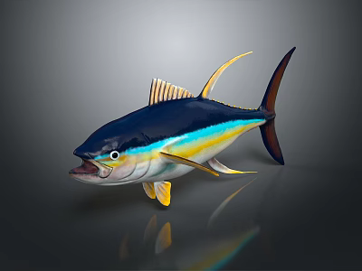 Vibrant Blue And Yellow Tuna Fish With Shiny Reflection On Dark Background 3d model