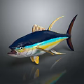 Vibrant Blue And Yellow Tuna Fish With Shiny Reflection On Dark Background