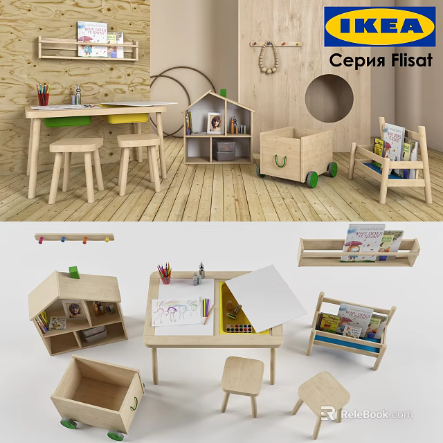 Wooden Kids Table With Matching Chairs And Toy Storage Shelf For Playroom 3d model 