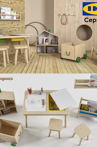 Wooden Kids Table With Matching Chairs And Toy Storage Shelf For Playroom 3d model