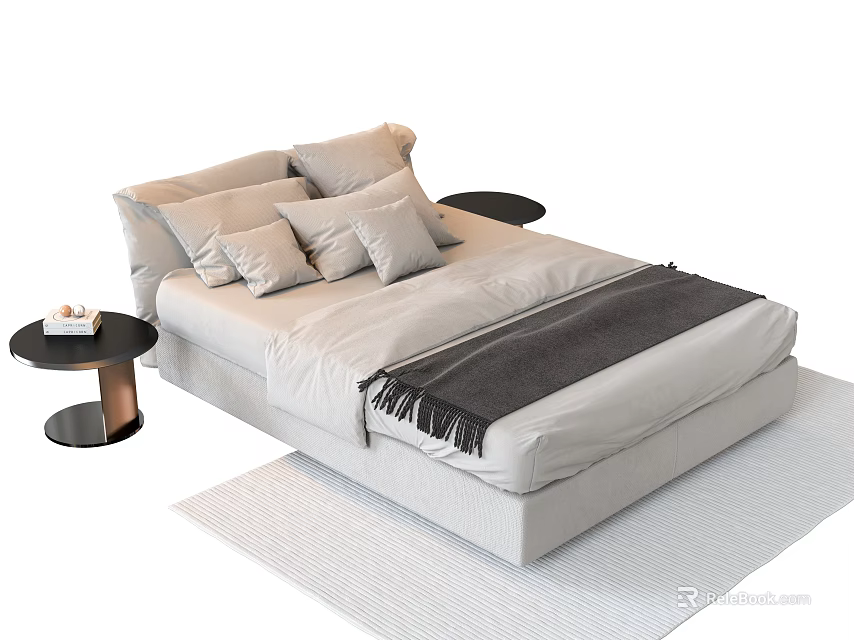 Modern Light Gray Double Bed with Soft Pillows Tasseled Throw Blanket and Side Tables 3d model