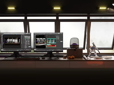 Two Computer Monitors Showing Design Software Interface 3D Printer Fruits Desk Lamp in Window Workspace 3d model