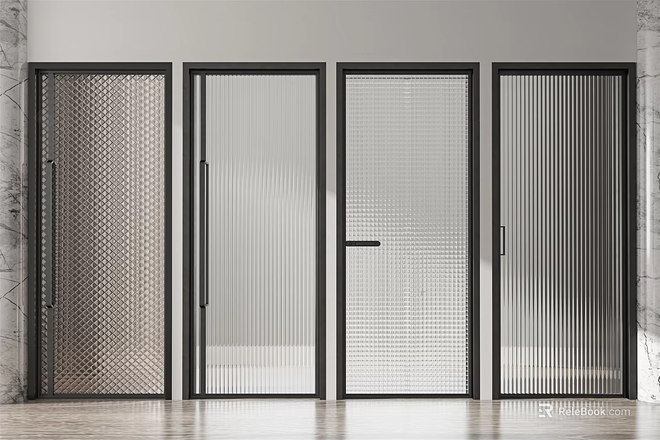 Modern Interior Doors With Black Frames And Various Textured Glass Panels 3d model