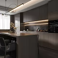 Modern Restaurant Open Kitchen Interior With Island Counter Cabinets And Lighting