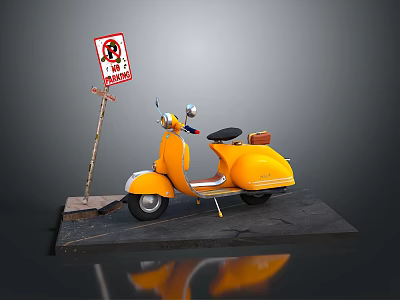 Yellow Scooter Motorcycle With No Parking Sign On Display Platform 3d model