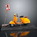 Yellow Scooter Motorcycle With No Parking Sign On Display Platform