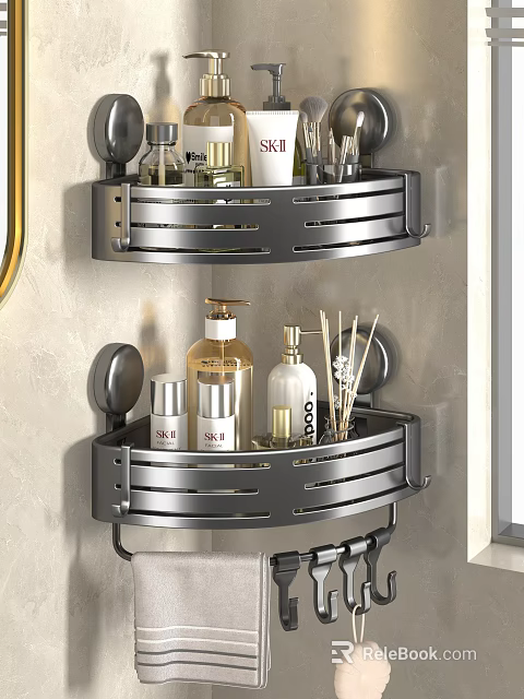 Metallic Two Tier Wall Mounted Corner Bathroom Shelf With Toiletries And Storage Organizer 3d model 