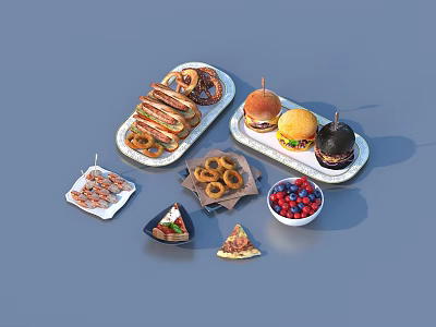 Assorted Fast Food Platter With Burgers Donuts Onion Rings Blueberries And Pizza Slices 3d model