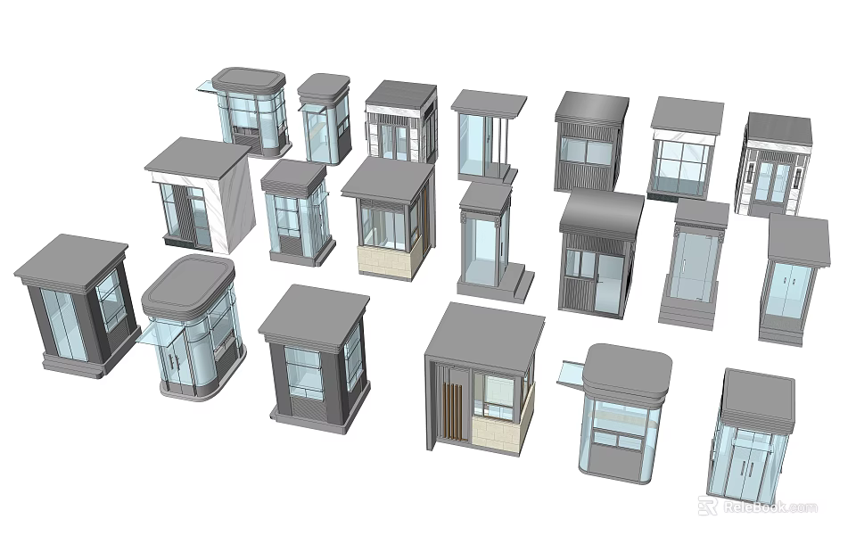 Various Modern Security Booth Designs With Different Roof And Window Styles 3d model