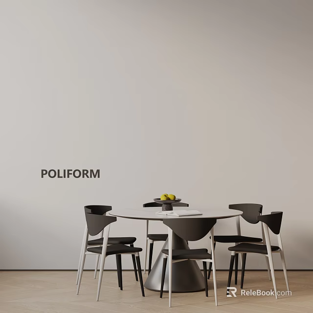 Round Dining Table Set With Modern Chairs And Fruit Bowl On Neutral Wall 3d model