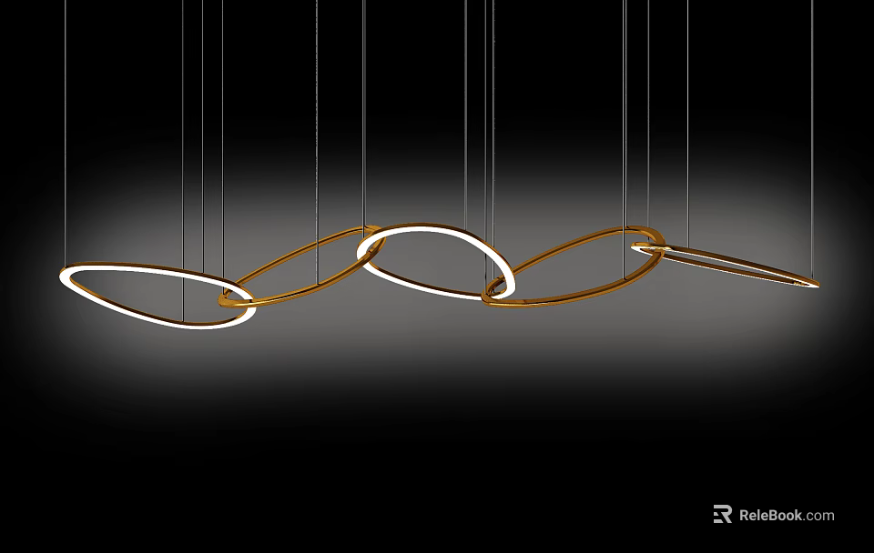 Modern Unique Shaped Chandeliers With Circular White And Gold Rings Hanging In Interior 3d model 