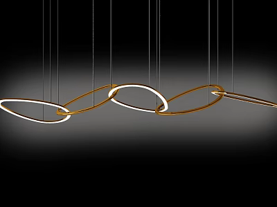 Modern Unique Shaped Chandeliers With Circular White And Gold Rings Hanging In Interior 3d model