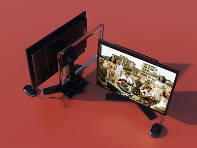 Dual Computer Monitors Setup With Modern Stand And Wired Mouse 3d model