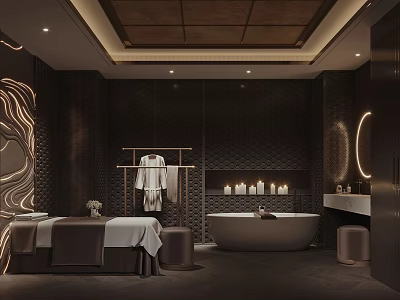 Modern Beauty Salon Space With Dark Walls Round Mirror Bathtub Massage Bed And Candles 3d model