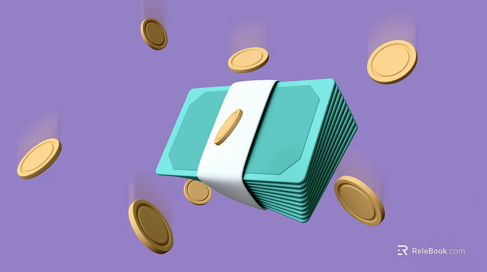 Luxury Jewelry Display with Blue Banknotes Golden Coins and White Ribbon on Purple Background 3d model 