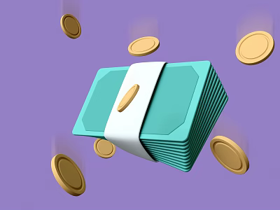 Luxury Jewelry Display with Blue Banknotes Golden Coins and White Ribbon on Purple Background 3d model