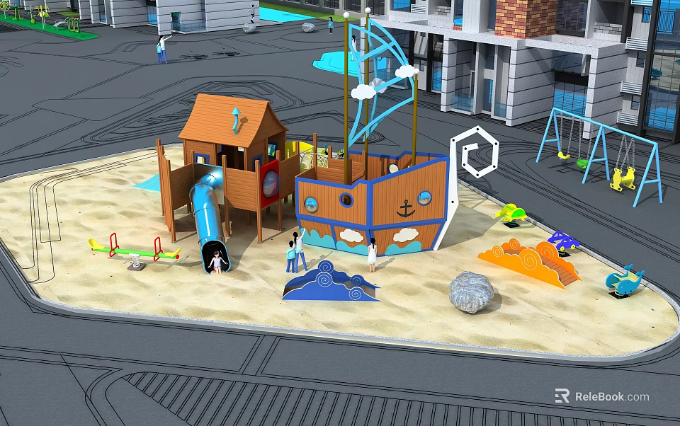 Pirate Ship Themed Playground Equipment With Slide Sandpit And Swings For Kids 3d model 