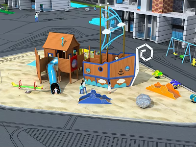 Pirate Ship Themed Playground Equipment With Slide Sandpit And Swings For Kids 3d model