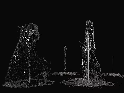 Transparent Water Droplet Composed Architectural Structures With Sculptural Fountain Forms Against Black Background 3d model