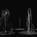 Transparent Water Droplet Composed Architectural Structures With Sculptural Fountain Forms Against Black Background