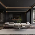 Black Living and Dining Room Interior With L Shaped Sofa Round Coffee Table Open Kitchen 3d model