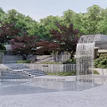 Layered Garden Landscape With Stone Steps Waterfall Walls And Red Leaved Trees