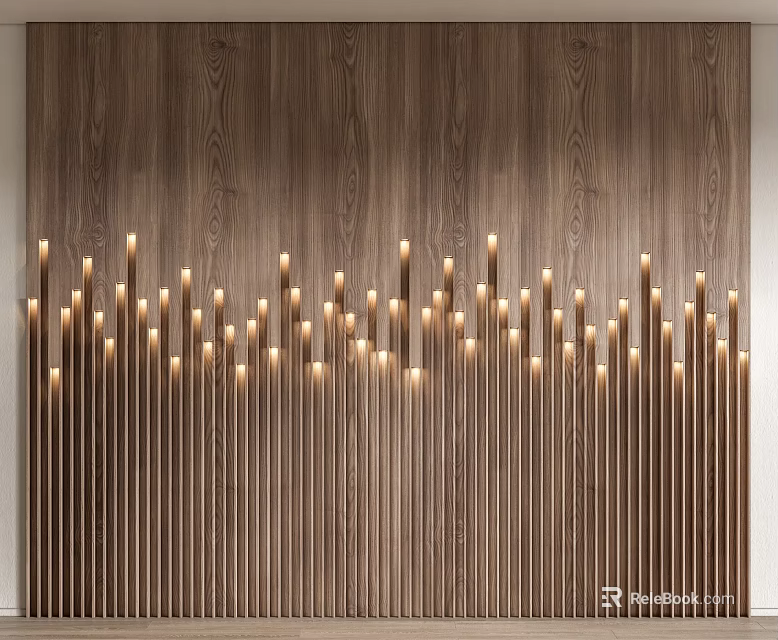 Modern Wooden Feature Wall With Vertical Decorative Rods And Warm Lighting Elements 3d model