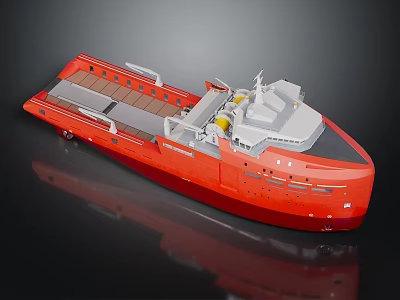 Red Marine Vessel Featuring Open Deck Upper Structure And Engineering Equipment Design 3d model