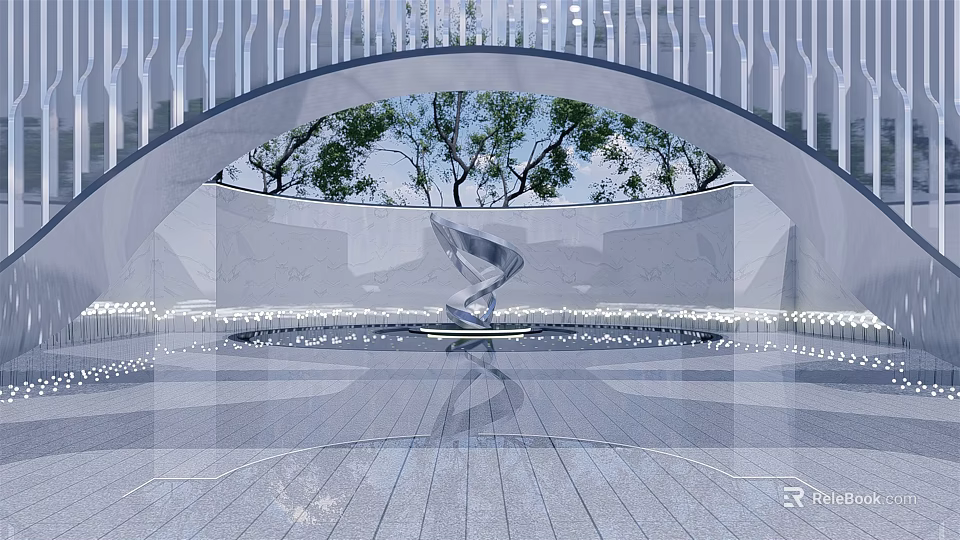 Modern Streamlined Metallic Sculpture In Outdoor Arched Space With Trees And Lighting 3d model 