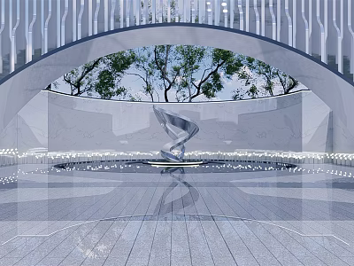 Modern Streamlined Metallic Sculpture In Outdoor Arched Space With Trees And Lighting 3d model