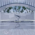 Modern Streamlined Metallic Sculpture In Outdoor Arched Space With Trees And Lighting