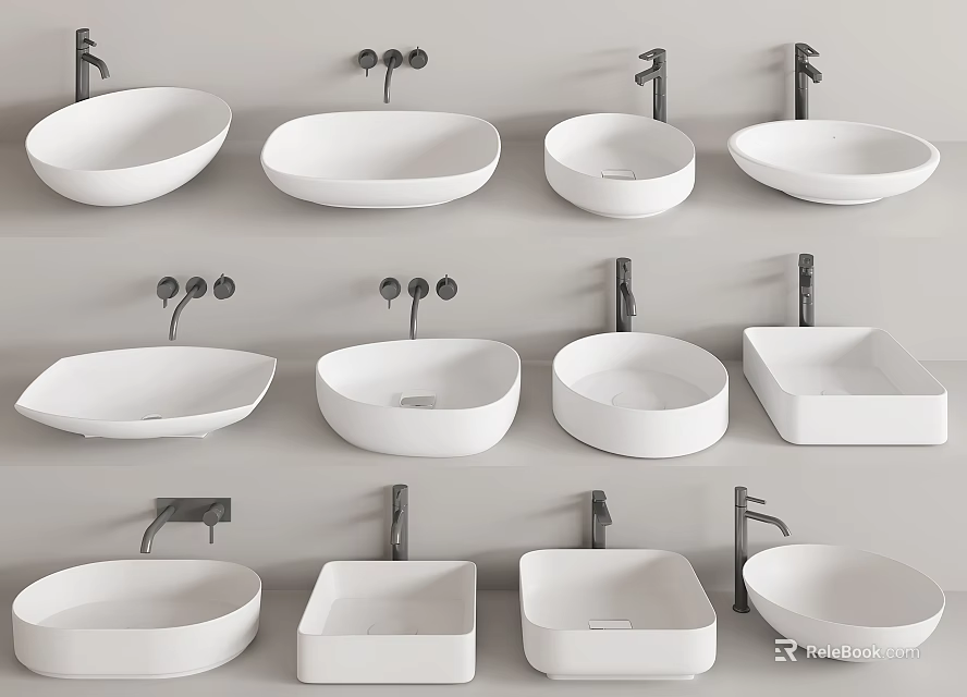Various Modern Bathroom Washbasin Designs With Different Shapes And Wall Mounted Faucets 3d model 