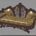 Traditional Wooden Sofa With Red Carved Frame And Yellow Floral Pattern Cushions