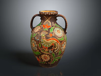 Elegant Decorative Vase With Two Handles Colorful Phoenix And Floral Patterns 3d model