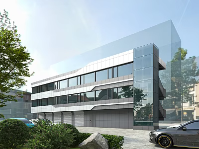 Modern Multi Storey Office Building With Glass Facade Green Trees And Landscaped Lawn 3d model