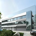 Modern Multi Storey Office Building With Glass Facade Green Trees And Landscaped Lawn