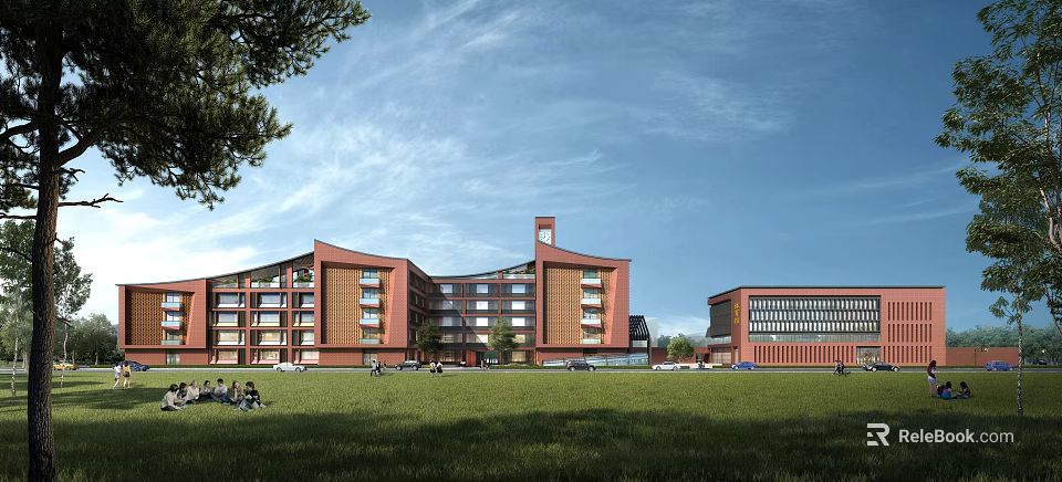 Red Multi Story School Building With Clock Tower Green Lawn And Students Outdoor Area 3d model 