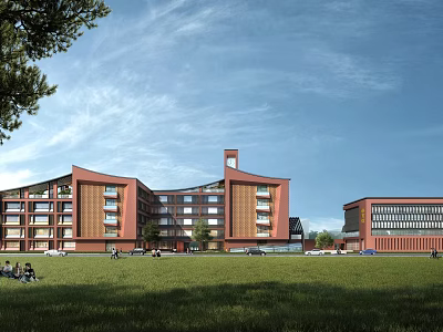 Red Multi Story School Building With Clock Tower Green Lawn And Students Outdoor Area 3d model